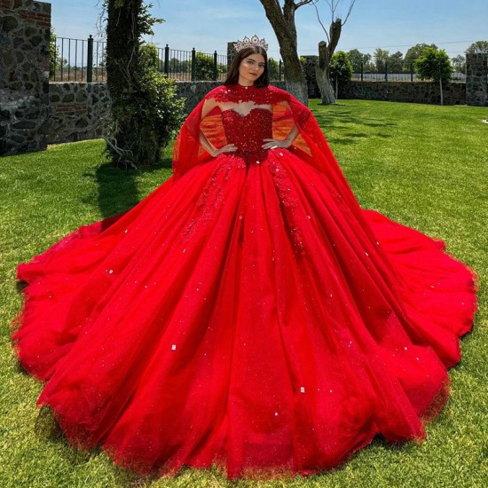 Off The Shoulder Red Quinceanera Dress Ball Gown Appliques Lace Beads Tull With Cape Vestidos De 15 Anos Sweet 16 Dress