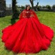 Off The Shoulder Red Quinceanera Dress Ball Gown Appliques Lace Beads Tull With Cape Vestidos De 15 Anos Sweet 16 Dress