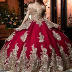 Off The Shoulder Red Quinceanera Dress Ball Gown Gold Lace Applique Beads Corset Sweet 16 Vestidos De 15 Anos