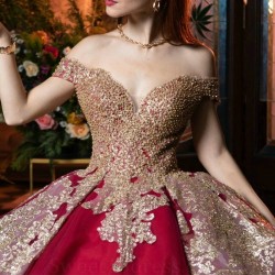 Off The Shoulder Red Quinceanera Dress Ball Gown Gold Lace Applique Beads Corset Sweet 16 Vestidos De 15 Anos