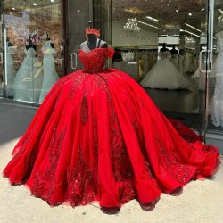 Off The Shoulder Red Quinceanera Dresses Ball Gown Glitter Sequins Beads Crystal Prom Dresses Sweet 16 Dress Vestidos 15 De