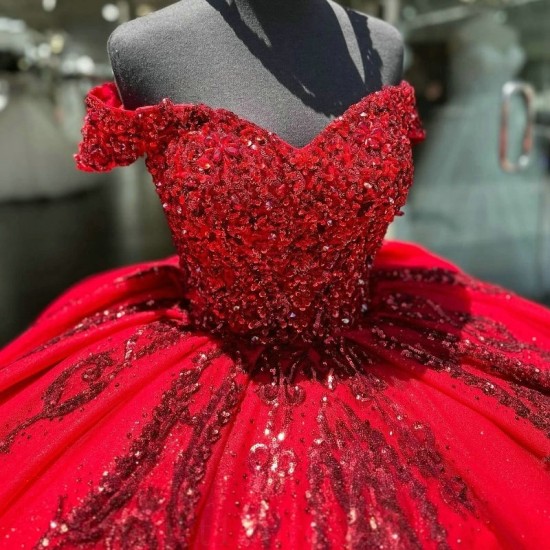 Off The Shoulder Red Quinceanera Dresses Ball Gown Glitter Sequins Beads Crystal Prom Dresses Sweet 16 Dress Vestidos 15 De