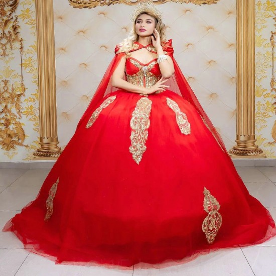 Off The Shoulder Red Quinceanera Dresses Gold Applique Lace Puffy Party Dress Crystal Beading With Cape Ball Gown Vestidos De15