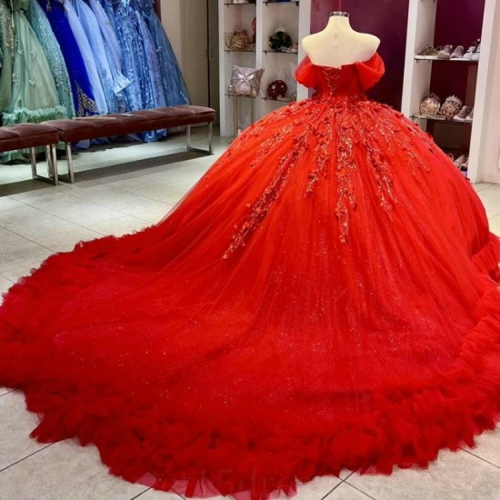 Off The Shoulder Red Quinceanera Dresses Sweet 16 Ball Gown Beading Appliques Lace Tiered Tull Corset Formal Vestidos De 15 Anos