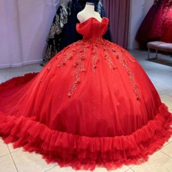 Off The Shoulder Red Quinceanera Dresses Sweet 16 Ball Gown Beading Appliques Lace Tiered Tull Corset Formal Vestidos De 15 Anos