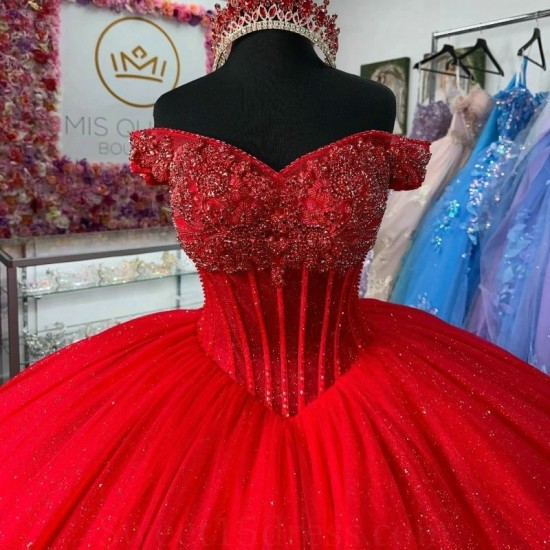 Off The Shoulder Red Shiny Princess Quinceanera Dress Ball Gown Beading Crystal Tull Corset Sweet 16 Vestido 15 De Anos