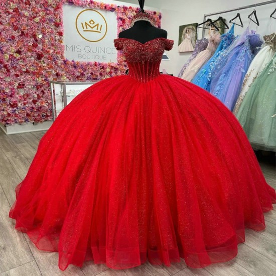 Off The Shoulder Red Shiny Princess Quinceanera Dress Ball Gown Beading Crystal Tull Corset Sweet 16 Vestido 15 De Anos