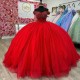 Off The Shoulder Red Shiny Princess Quinceanera Dress Ball Gown Beading Crystal Tull Corset Sweet 16 Vestido 15 De Anos