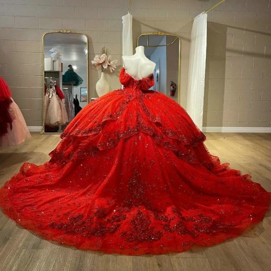 Off The Shoulder Red Shiny Quinceanera Dress Ball Gown Applique Crystal Beading Tull Birthday Party Sweet 16 Vestido De 15 Anos