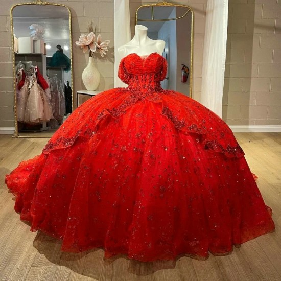 Off The Shoulder Red Shiny Quinceanera Dress Ball Gown Applique Crystal Beading Tull Birthday Party Sweet 16 Vestido De 15 Anos