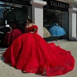 Off The Shoulder Red Shiny Quinceanera Dresses Ball Gown Crystal Beading Tull Sweet 16 Dress Vestidos 15 De XV Anos