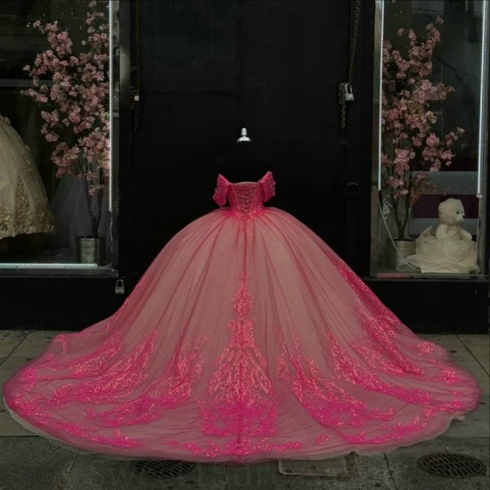 Off The Shoulder Rose Red Glitter Quinceanera Dress Ball Gown Lace Applique Beading Tull Corset Sweet 16 Vestido De 15 Anos