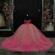 Off The Shoulder Rose Red Glitter Quinceanera Dress Ball Gown Lace Applique Beading Tull Corset Sweet 16 Vestido De 15 Anos