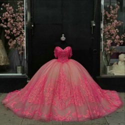 Off The Shoulder Rose Red Glitter Quinceanera Dress Ball Gown Lace Applique Beading Tull Corset Sweet 16 Vestido De 15 Anos