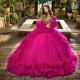 Off The Shoulder Rose Red Quinceanera Dress Ball Gown Beading Crystals Tiered Tull Corset Sweet 15 16 Vestido De 15 Anos