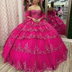 Off The Shoulder Rose Red Quinceanera Dress Ball Gown Lace Applique Beading Tull Sweet 16 Vestidos De XV 15 Anos