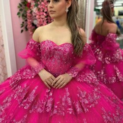 Off The Shoulder Rose Red Quinceanera Dress Ball Gown Lace Applique Beading Tull Sweet 16 Vestidos De XV 15 Anos