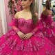 Off The Shoulder Rose Red Quinceanera Dress Ball Gown Lace Applique Beading Tull Sweet 16 Vestidos De XV 15 Anos