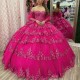 Off The Shoulder Rose Red Quinceanera Dress Ball Gown Lace Applique Beading Tull Sweet 16 Vestidos De XV 15 Anos