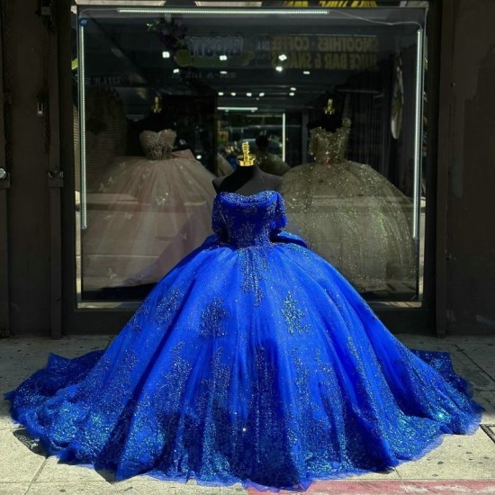 Off The Shoulder Royal Blue Quinceanera Dress Ball Gown Lace Appliques Beading Tull Mexico Sweet 16 Vestidos De 15 Anos