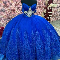 Off The Shoulder Royal Blue Quincenara Dress Sparkly Beading Sequin Tull Quinceanera XV Sweet 16 Ball Gown Vestidos De 15 Anos