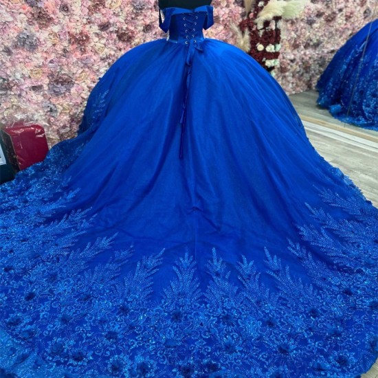 Off The Shoulder Royal Blue Quincenara Dress Sparkly Beading Sequin Tull Quinceanera XV Sweet 16 Ball Gown Vestidos De 15 Anos