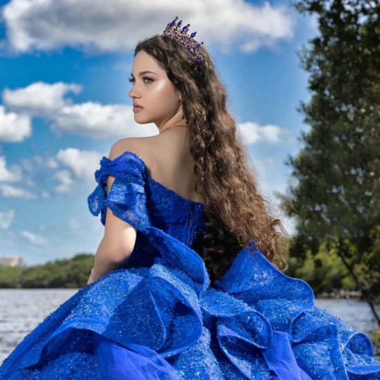 Off The Shoulder Royal Blue Shiny Ball Gown Quinceanera Dresses Beads Bow Birthday Party Gown Sweet 16 Dresses Vestidos