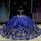 Off The Shoulder Royal Blue Shiny Quinceanera Dress Ball Gown Gold Lace Applique Beading Tull Corset Sweet 16 Vestidos De 15Anos