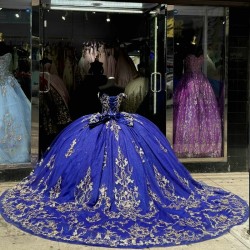 Off The Shoulder Royal Blue Shiny Quinceanera Dress Ball Gown Gold Lace Applique Beading Tull Corset Sweet 16 Vestidos De 15Anos