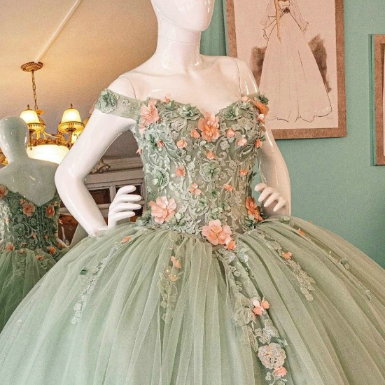 Off The Shoulder Princess Sage Green Quinceanera Dress Ball Gown Lace Applique Beading Tull Sweet 16 Vestido 15 De Anos