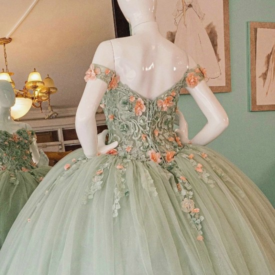 Off The Shoulder Princess Sage Green Quinceanera Dress Ball Gown Lace Applique Beading Tull Sweet 16 Vestido 15 De Anos