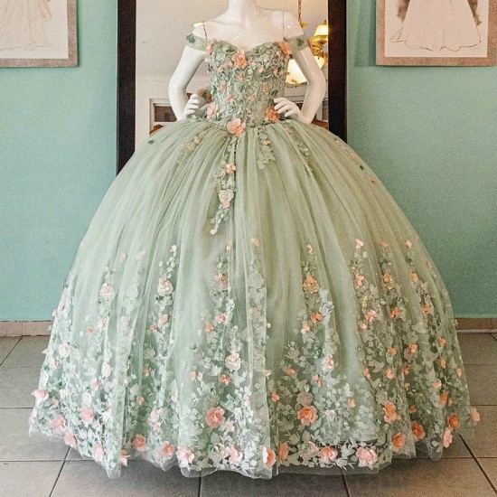 Off The Shoulder Princess Sage Green Quinceanera Dress Ball Gown Lace Applique Beading Tull Sweet 16 Vestido 15 De Anos