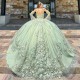 Off The Shoulder Sage Green Quinceanera Dresses Sparkly Sequins Appliques Lace Beads Tull Princess Sweet 16 Dress vestidos de 15