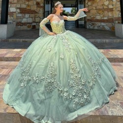 Off The Shoulder Sage Green Quinceanera Dresses Sparkly Sequins Appliques Lace Beads Tull Princess Sweet 16 Dress vestidos de 15