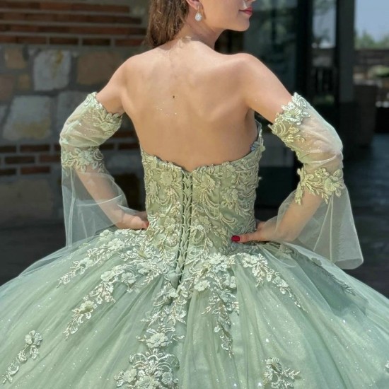 Off The Shoulder Sage Green Quinceanera Dresses Sparkly Sequins Appliques Lace Beads Tull Princess Sweet 16 Dress vestidos de 15