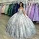 Off The Shoulder Silvery Ball Gown Quinceanera Dress Sequined Appliques Lace Beads Tull Sweet 16 Vestidos De 15 Anos