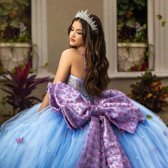 Off The Shoulder Sky Blue Princess Bow Beading Tull Quinceanera Dresses Girls Ball Gown Sweet 16 Dresses vestidos de 15