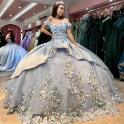 Off The Shoulder Sky Blue Quinceanera Dress Ball Gown 3D Flowers Applique Beads Crystal Tull Sweet 16 Vestidos De XV 15 Anos