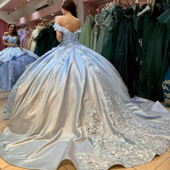 Off The Shoulder Sky Blue Quinceanera Dress Ball Gown 3D Flowers Applique Beads Crystal Tull Sweet 16 Vestidos De XV 15 Anos