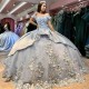 Off The Shoulder Sky Blue Quinceanera Dress Ball Gown 3D Flowers Applique Beads Crystal Tull Sweet 16 Vestidos De XV 15 Anos