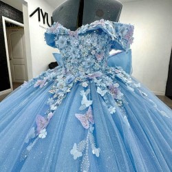 Off The Shoulder Sky Blue Shiny Ball Gown Quinceanera Dresses 3D Flower Applique Bow Beads Tull Sweet 16 Vestidos 15 De Novia