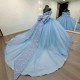 Off The Shoulder Sky Blue Shiny Ball Gown Quinceanera Dresses 3D Flower Applique Bow Beads Tull Sweet 16 Vestidos 15 De Novia