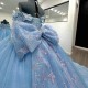 Off The Shoulder Sky Blue Shiny Ball Gown Quinceanera Dresses 3D Flower Applique Bow Beads Tull Sweet 16 Vestidos 15 De Novia