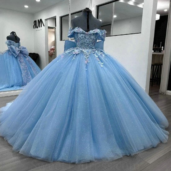 Off The Shoulder Sky Blue Shiny Ball Gown Quinceanera Dresses 3D Flower Applique Bow Beads Tull Sweet 16 Vestidos 15 De Novia