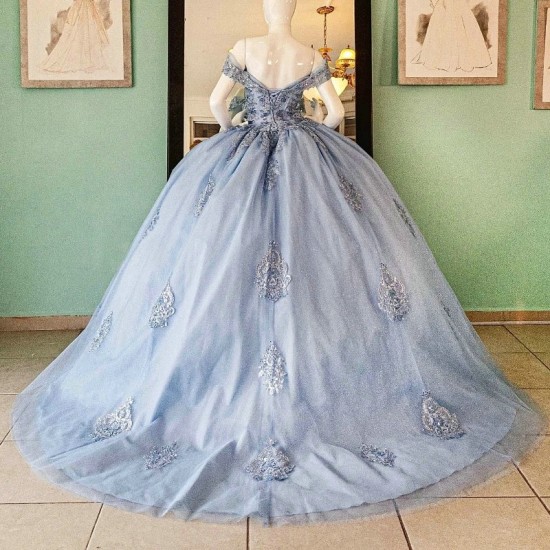 Off The Shoulder Sky Blue Shiny Beading Crystal Quinceanera Dresses Ball Gown Appliques Lace Sweet 15 Vestidos De XV Anos