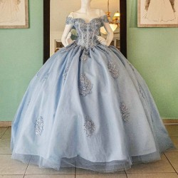 Off The Shoulder Sky Blue Shiny Beading Crystal Quinceanera Dresses Ball Gown Appliques Lace Sweet 15 Vestidos De XV Anos