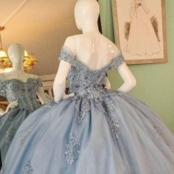 Off The Shoulder Sky Blue Shiny Beading Crystal Quinceanera Dresses Ball Gown Appliques Lace Sweet 15 Vestidos De XV Anos