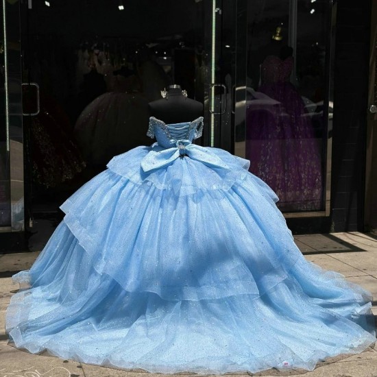 Off The Shoulder Sky Blue Shiny Princess Quinceanera Dresses Beads Crystal Tiered Corset Sweet 16 Dress Vestidos De 15 Anos