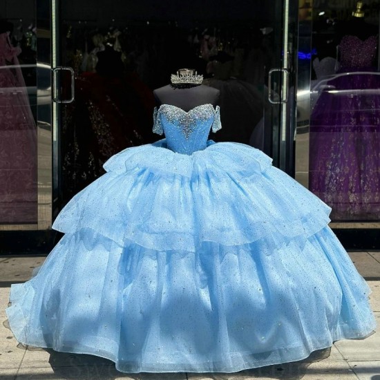 Off The Shoulder Sky Blue Shiny Princess Quinceanera Dresses Beads Crystal Tiered Corset Sweet 16 Dress Vestidos De 15 Anos