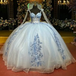 Off The Shoulder Sky Blue Shiny Quinceanera Dress Applique Lace Beads Vestidos De 15 Princess Sweet 16 Birthday XV Ball Gown